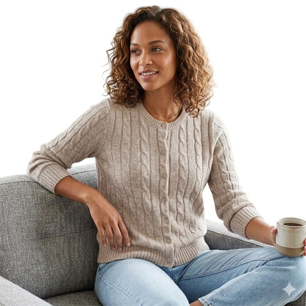 Appleseed's Beige Cable Knit 100% Wool Cardigan Classic Sweater Size M